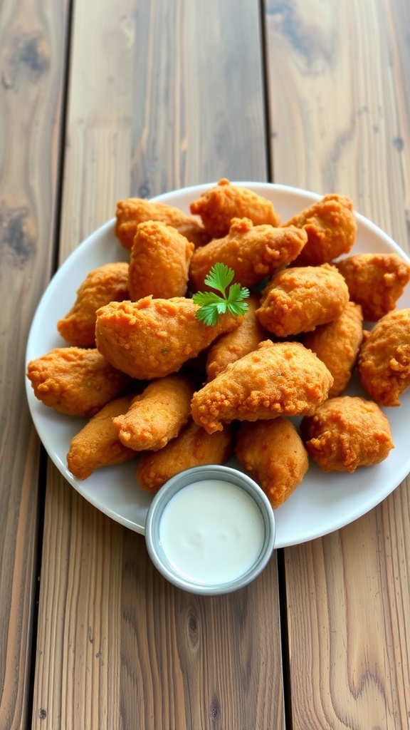 Crispy vegan fried chicken pieces on a platter with dipping sauces, garnished with parsley.